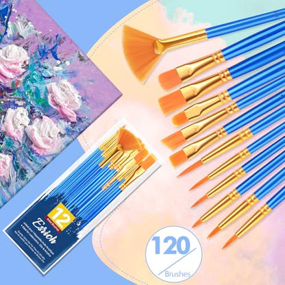 ESRICH Paint Brushes Set, 10Pack 120pcs Nylon Hair Round-Pointed Tip - size: 120p
