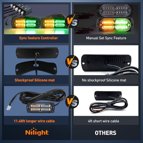 Nilight 4PCS LED Strobe Lights 12V 24V Sync Feature Amber Green - color: Amber Green w/Controller