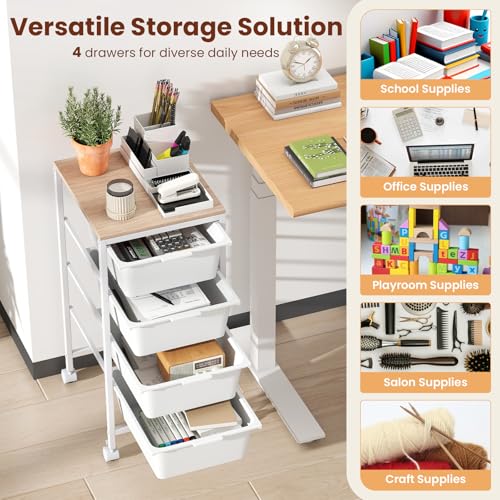 RELAX4LIFE 4-Drawer Rolling Storage Cart w/Lockable Wheels(White) - color: White, size: 28”H