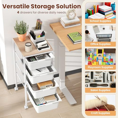 RELAX4LIFE 4-Drawer Rolling Storage Cart w/Lockable Wheels(White) - color: White, size: 28”H