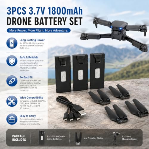 Drone Battery 3PCS 3.7V 1800mAh with 4Pcs Propeller Blades, Mini Propellers Accessories Drone Battery with Blades for E88 E88PRO E525 E99 E99PRO P1 K3 S1 RC UAV Battery Plug and Play