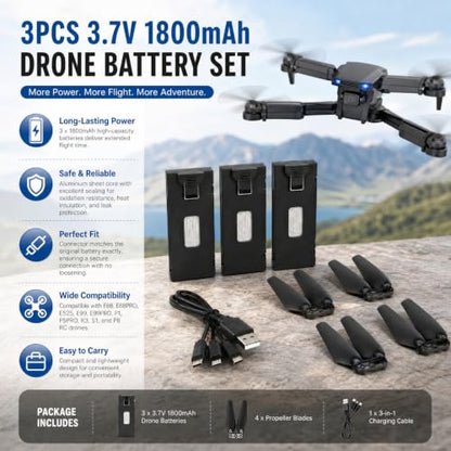 Drone Battery 3PCS 3.7V 1800mAh with 4Pcs Propeller Blades, Mini Propellers Accessories Drone Battery with Blades for E88 E88PRO E525 E99 E99PRO P1 K3 S1 RC UAV Battery Plug and Play