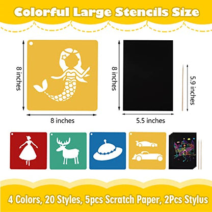 20 Pcs Stencils for Kids Stencil for Painting with 5 Pcs Scratch Paper