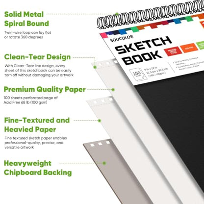 Soucolor Sketch Book 9" x 12", 100 Sheets Kids Art Sketchbook Drawing Pad - color: Black, size: 9" x 12" (Pack of 1)