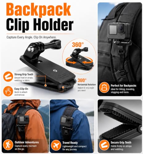 Accessories Kit for Action Camera, Chest Strap Harness + Head Strap Mount + 360° Rotating Hand Strap Mount and Backpack Clip Holder, 4 in 1 Universal Adjustable Sport Camera Accessories Kit