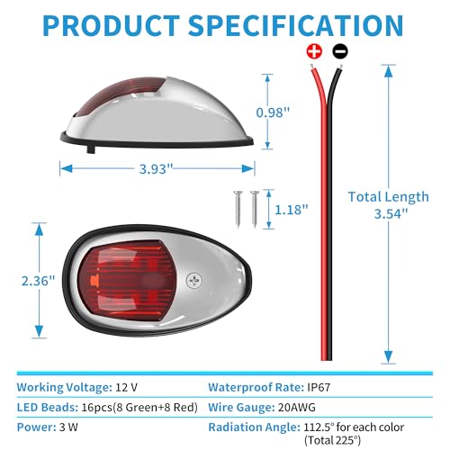 Obcursco LED Boat Navigation Lights, Red and Green Vertical Mount Bow Light - color: Electroplate Silver