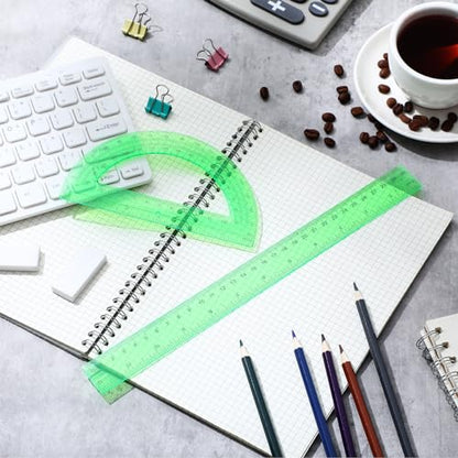 Zonon 2 Pcs 12 Inch Clear Ruler and 6 Inch Plastic Protractor Set, Green - color: Green