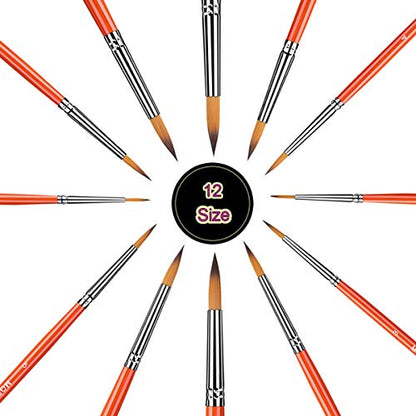 Watercolor Paint Brushes Set - 12Pcs Round Pointed Painting Brush for Acrylic, Gouache, Oil, Artist, Miniature, Model - Short Handle