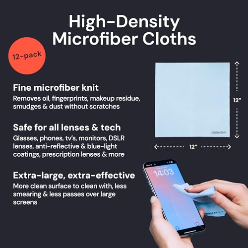 Elite Tech Gear Microfiber Cleaning Cloth, Eye Glasses Cleaner Cloth, 12pc - color: Blue, size: 12'' x 12'' (Pack of 12)