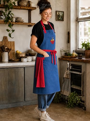 100% Cotton Printed Kitchen Apron with 2 Pockets for Men and Women – Adjustable Chef Apron - Machine Washable - color: Denim Blue
