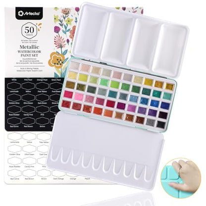 Artecho 50-Color Metallic Watercolor Paint Set with Easy-Hold Ring - style: 50 Colors Metallic