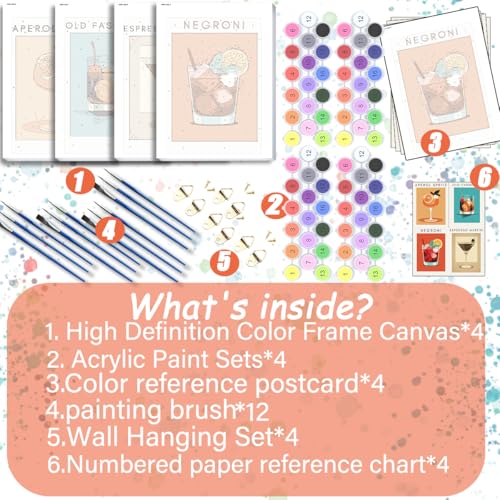4 Pack Small Framed Paint by Numbers Kit for Adults Beginner 8x12 Inch - color: Cocktail
