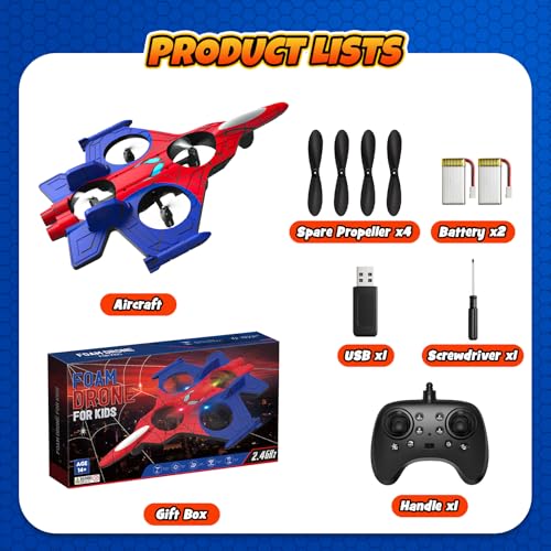 Foam Remote Control Airplanes for Kids Age 8 9 10 11 12 +, Spider Mini Drone for Kids, RC Airplane Fighter Jet with Light, 360°Flip Fighter Jet Toys, Stunt Roll, Airplane Toy Gifts for Boys Ages 8+