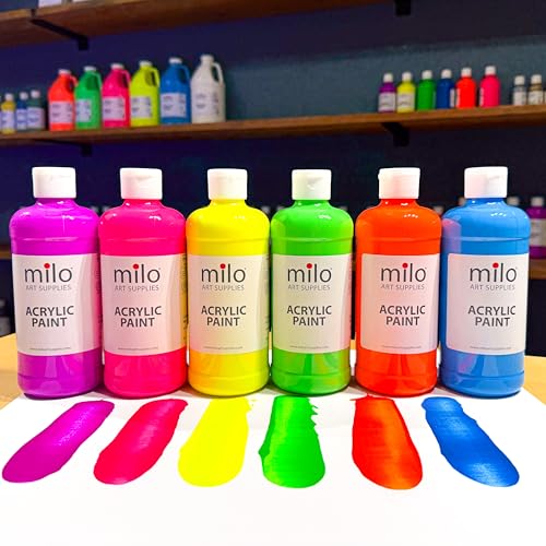 milo Fluorescent Acrylic Paint Set, 6 Neon UV Colors, 16 oz Bottles - style: Fluorescent Set 6 x 16 oz