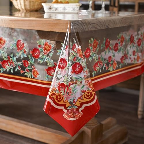 ARTABLE Clear Vinyl Tablecloth Pomegranate Floral Print Wipeable 60x104Inch - color: Pomegranate, size: 104" x 60" (Rectangular)