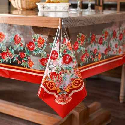 ARTABLE Clear Vinyl Tablecloth Pomegranate Floral Print Wipeable 60x104Inch - color: Pomegranate, size: 104" x 60" (Rectangular)