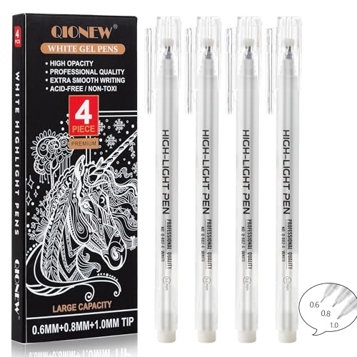 Qionew White Gel Pens,Opaque White Ink Pens for Black Paper Drawing,4 Pack