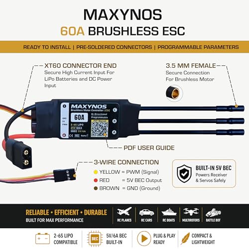 Bidirectional 60A Electronic Speed Controller, 2-6S Lipo ESC with XT60 Connector, 7.4-25V, for RC Vehicles, Drones, Robotics, & Underwater Thrusters - size: 60A