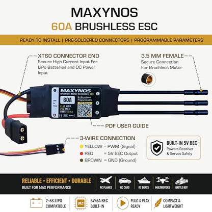 Bidirectional 60A Electronic Speed Controller, 2-6S Lipo ESC with XT60 Connector, 7.4-25V, for RC Vehicles, Drones, Robotics, & Underwater Thrusters - size: 60A