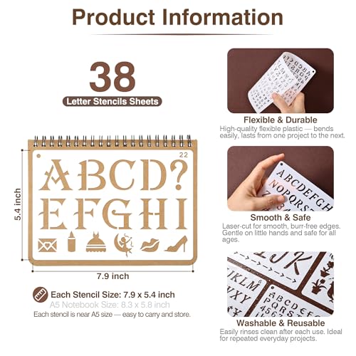 22 Fonts 13 Sizes (0.25"-2") Small Letter Stencils for Painting, 38Pcs Reusable Alphabet & Number Stencils in Script & Cursive for Wood Crafts