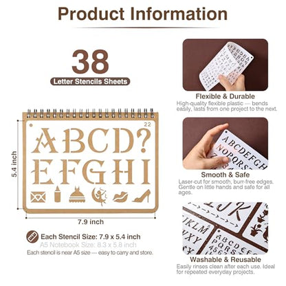 22 Fonts 13 Sizes (0.25"-2") Small Letter Stencils for Painting, 38Pcs Reusable Alphabet & Number Stencils in Script & Cursive for Wood Crafts