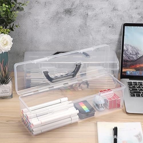BTSKY 2 PCS Extra Long Plastic Pencil Box Portable Clear Home Utility Boxes with Black Handle Stationery Storage Organizer Utility Painting Tool Storage Container for Marker Sticky-Note Craft Supplies
