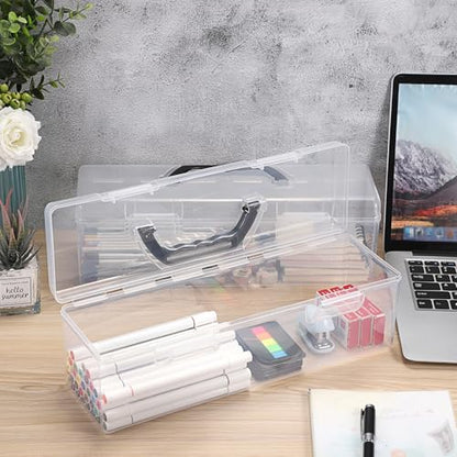 BTSKY 2 PCS Extra Long Plastic Pencil Box Portable Clear Home Utility Boxes with Black Handle Stationery Storage Organizer Utility Painting Tool Storage Container for Marker Sticky-Note Craft Supplies