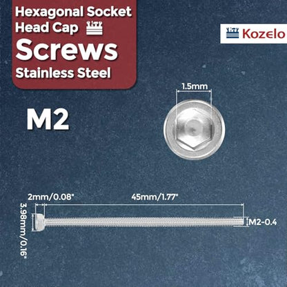 Socket Head Cap Screws M2-0.4x45mm 304 Stainless Steel Silver 10pcs - size: M2-0.4x45mm