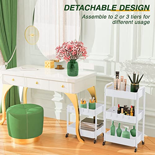 LEHOM 3 Tier Rolling Cart, Metal Rolling Utility Cart with Lockable Wheels - color: White