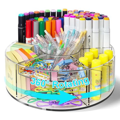 Vowcarol Acrylic Pen Holder for Desk, 360 Degree Rotating Marker Organizer, Art Supply Storage - 6 Compartments