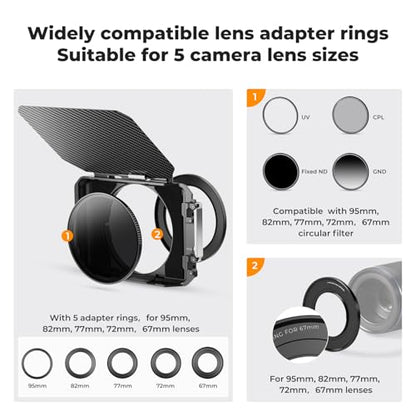 K&F CONCEPT Matte Box with Carbon Fiber Top Flag, with 5pcs Adapter Rings