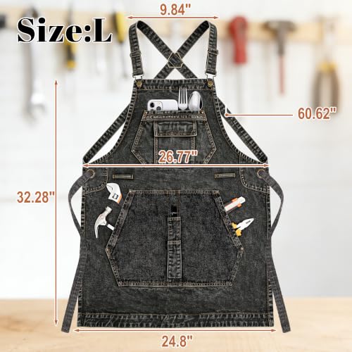 Denim Apron, Waist Apron with Pockets and Adjustable Long Ties - color: Black, size: Large