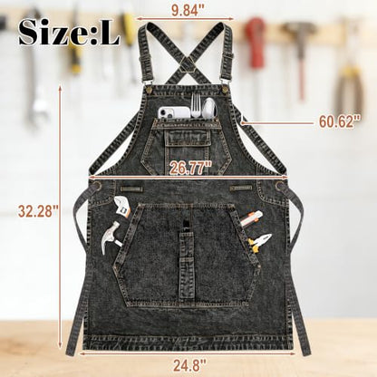 Denim Apron, Waist Apron with Pockets and Adjustable Long Ties - color: Black, size: Medium