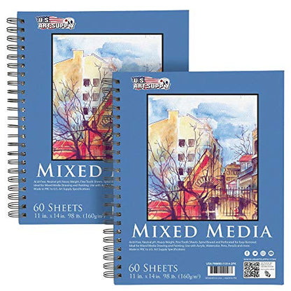 U.S. Art Supply 11"x14" Mixed Media Sketchbook, 2 Pack (60 Sheets) - size: 11-x-14-inch