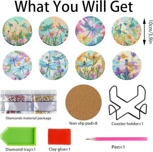 8 PCS Dragonfly Diamond Art Coasters with Holder,Diamond Painting Coasters - color: Dragonfly