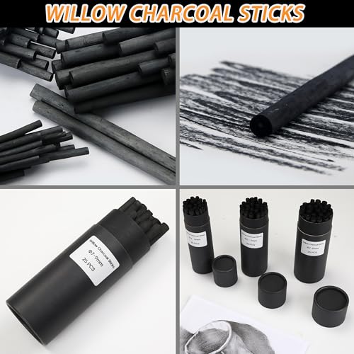 24 Pcs Compressed Charcoal Sticks, 25 Pcs Willow Charcoal Sticks Pencils for Sketching, Drawing, and Shading