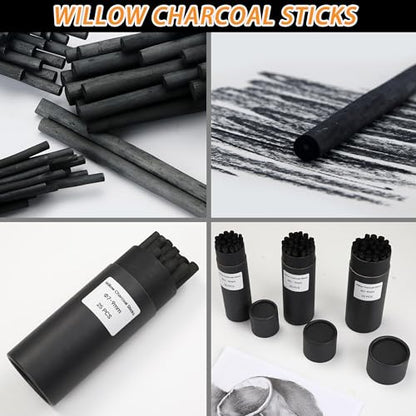 24 Pcs Compressed Charcoal Sticks, 25 Pcs Willow Charcoal Sticks Pencils for Sketching, Drawing, and Shading