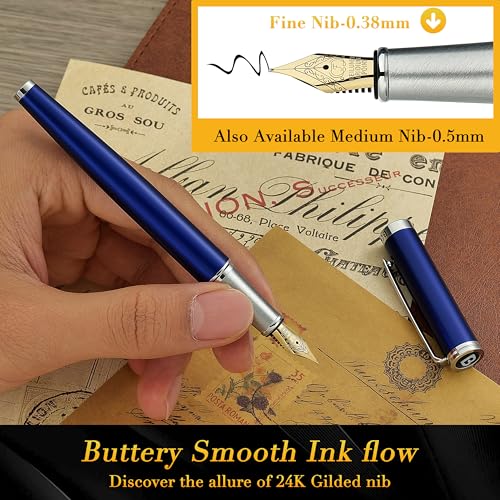 BEILUNER Luxury Fountain Pen Set,Solid 24K Gilded(Fine)-Charming Blue - color: Blue, style: Fine Nib