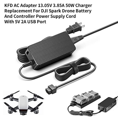 KFD AC Adapter 13.05V 3.85A 50W Charger Replacement for DJI Spark Drone Battery and Controller Power Supply Cord with 5V 2A USB Port