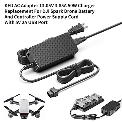 KFD AC Adapter 13.05V 3.85A 50W Charger Replacement for DJI Spark Drone Battery and Controller Power Supply Cord with 5V 2A USB Port
