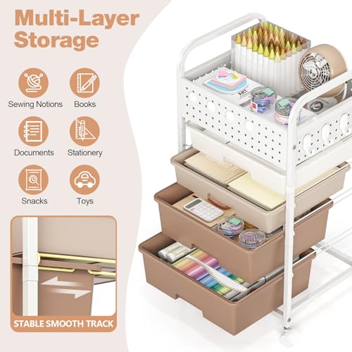 4 Drawer Rolling Storage Cart with Pegboard Top and Hooks, Brown - color: Brown, size: 4-Drawers