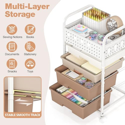 4 Drawer Rolling Storage Cart with Pegboard Top and Hooks, Brown - color: Brown, size: 4-Drawers
