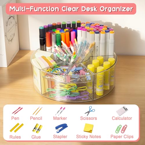 Vowcarol Acrylic Pen Holder for Desk, 360 Degree Rotating Marker Organizer, Art Supply Storage - 6 Compartments