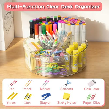 Vowcarol Acrylic Pen Holder for Desk, 360 Degree Rotating Marker Organizer, Art Supply Storage - 6 Compartments