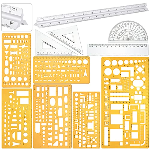 Zonon 10 Pcs Architect Scale & Geometric Drawing Template, Stylish, Yellow - color: Yellow, style: Stylish