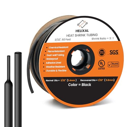 3/32" 2.4mm HELIXAL 3:1 Heat Shrink Tubing Adhesive Dual Wall 60ft Roll - color: 3:1 - Black - Large, size: 3/32" - 60 Feet