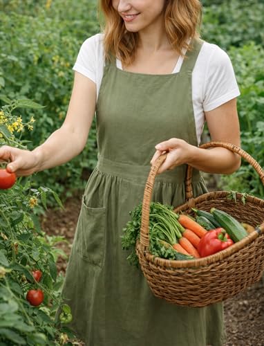 Pinknoke Cute Cotton Pinafore Aprons for Women with Pockets for Kitchen - color: Olive Green