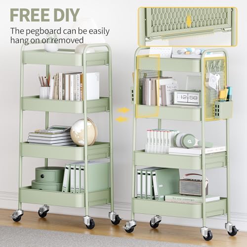TOOLF 4 Tier Rolling Cart, Metal Utility Storage Cart with Pegboard, Green - color: Green, size: 4-Tier