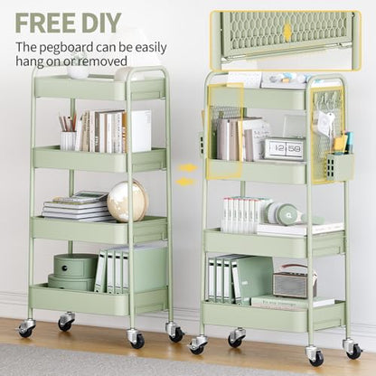 TOOLF 4 Tier Rolling Cart, Metal Utility Storage Cart with Pegboard, Green - color: Green, size: 4-Tier