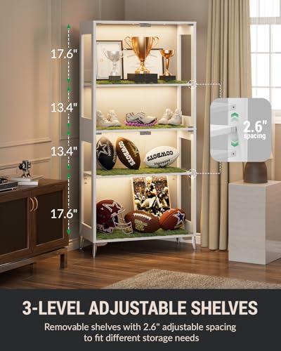 Display Cabinet with Glass Doors, 4-Tier, RGB Lights, Adjustable Shelves - color: White & Glass Double Door